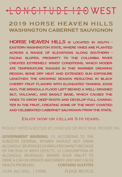 Longitude 120 West 2019 Cabernet Sauvignon Horse Heaven Hills, Washington