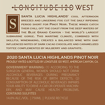 Longitude 120 West 2020 Pinot Noir Santa Lucia Highlands, California