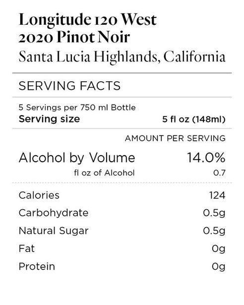 Longitude 120 West 2020 Pinot Noir Santa Lucia Highlands, California