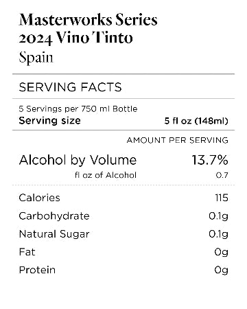 Alcohol label for 'Masterworks Series 2024 Vino Tinto' from Spain with serving facts.