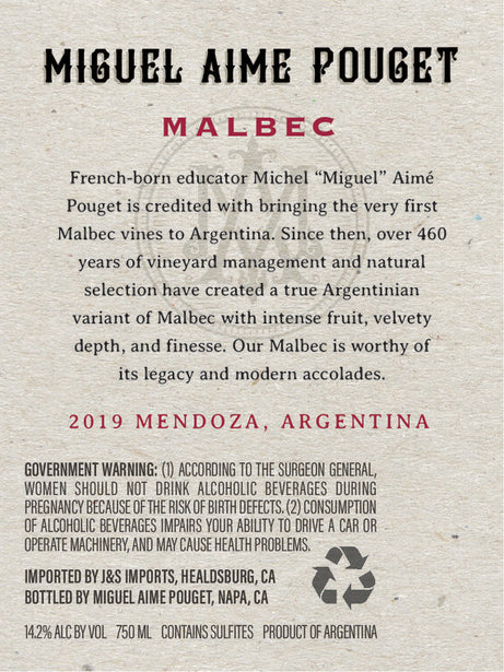 Miguel Aime Pouget 2019 Limited Release Malbec Mendoza, Argentina