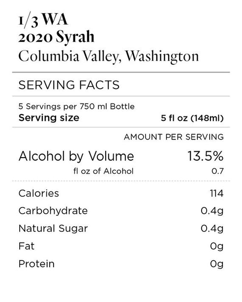 1/3 WA 2020 Syrah Columbia Valley, Washington