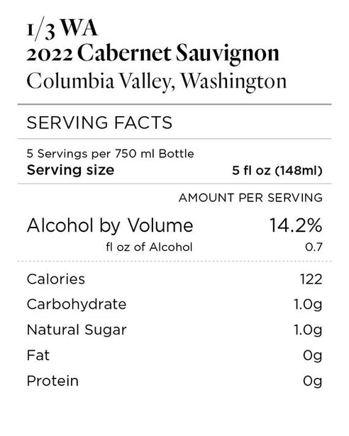 1/3 WA 2022 Cabernet Sauvignon Columbia Valley, Washington