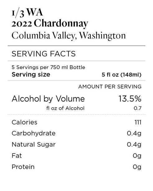 1/3 WA 2022 Chardonnay Columbia Valley, Washington