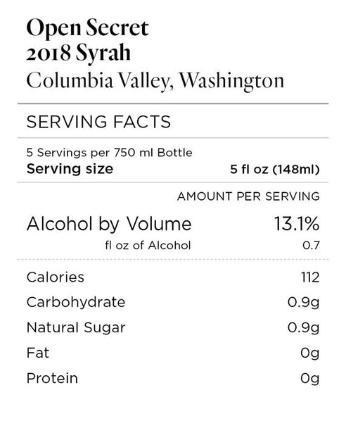 Open Secret 2018 Syrah Columbia Valley, Washington