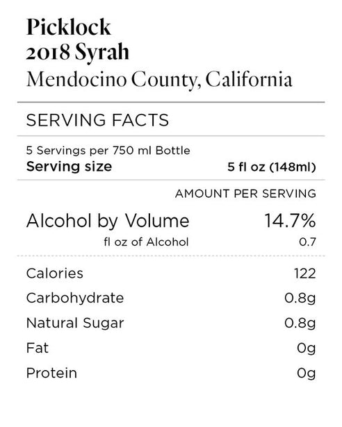 Picklock 2018 Syrah Mendocino County, California