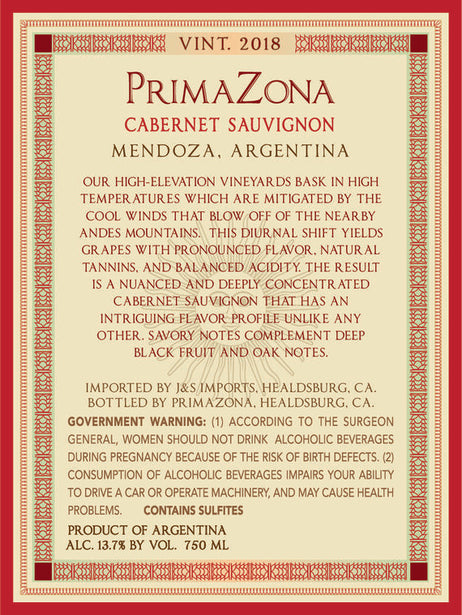 PrimaZona 2018 Cabernet Sauvignon Mendoza, Argentina