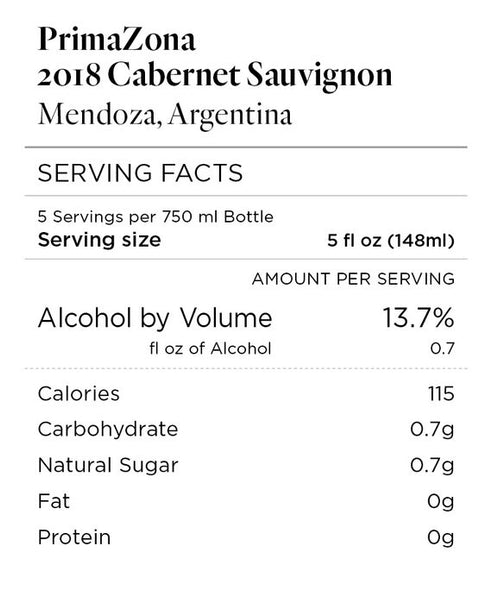 PrimaZona 2018 Cabernet Sauvignon Mendoza, Argentina