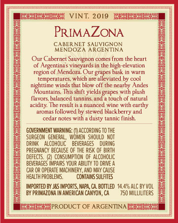 PrimaZona 2019 Cabernet Sauvignon Mendoza, Argentina