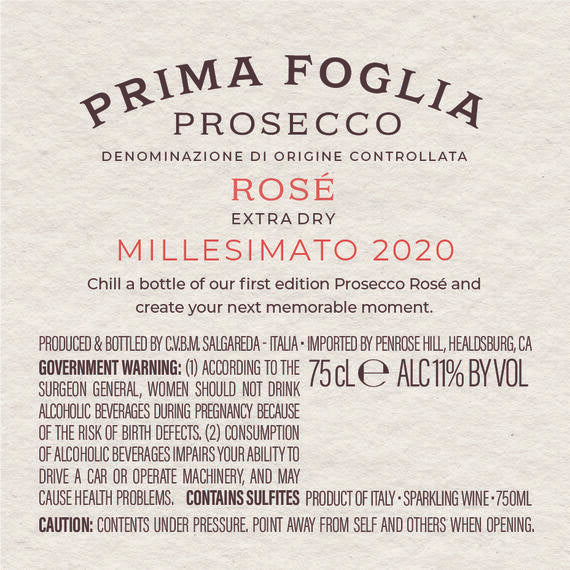 Prima Foglia 2020 Extra Dry Prosecco Rosé Prosecco DOC, Italy