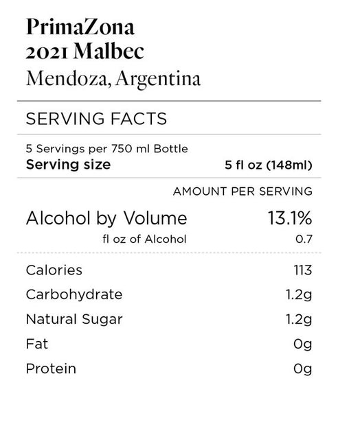 PrimaZona 2021 Malbec Mendoza, Argentina