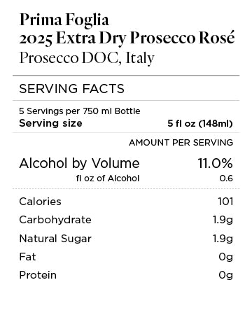 Prima Foglia 2025 Extra Dry Prosecco Rosé Serving Facts