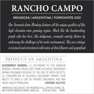 Rancho Campo 2021 Torrontés Mendoza, Argentina