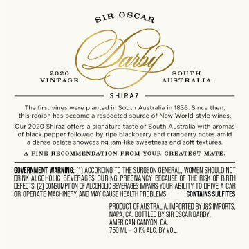 Sir Oscar Darby 2020 Shiraz South Australia, Australia