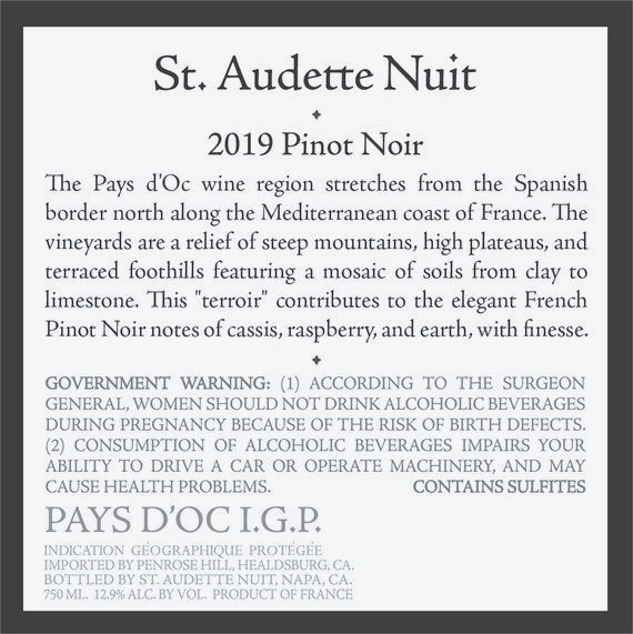 St. Audette Nuit 2019 Pinot Noir Pays d'Oc IGP, France