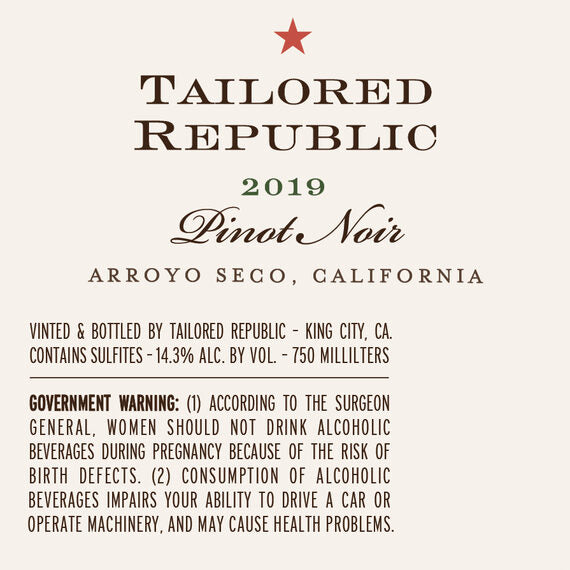 Tailored Republic 2019 Pinot Noir Arroyo Seco, California