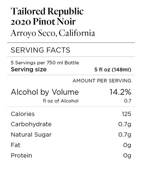 Tailored Republic 2020 Pinot Noir Arroyo Seco, California