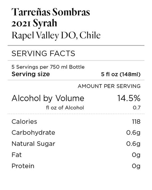 Tarreñas Sombras 2021 Syrah Rapel Valley DO, Chile