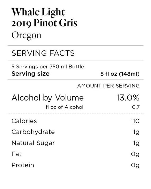 Whale Light 2019 Pinot Gris Willamette Valley, Oregon