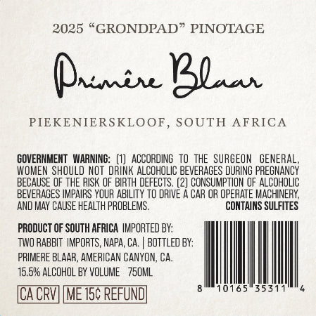 Primere Blaar Pinotage Back Label