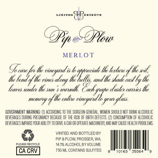 Pip & Plow 2022 Merlot Columbia Valley, Washington