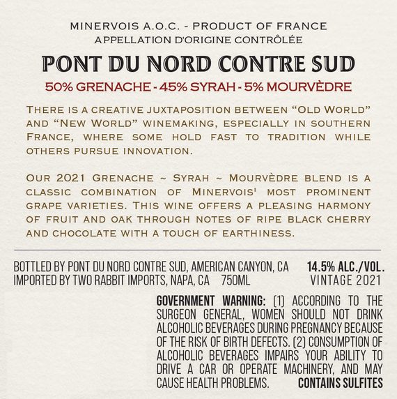 Pont du Nord Contre Sud 2021 Grenache – Syrah – Mourvèdre Minervois AOC, France
