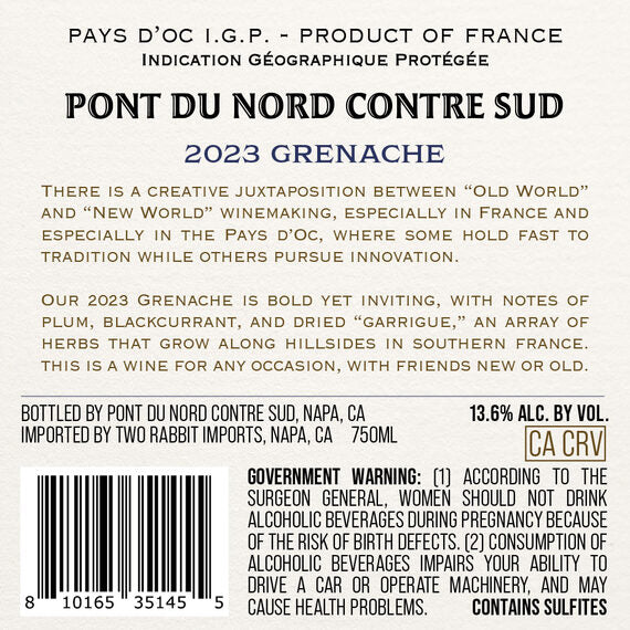 Pont du Nord Contre Sud 2023 Grenache Pays d'Oc IGP, France