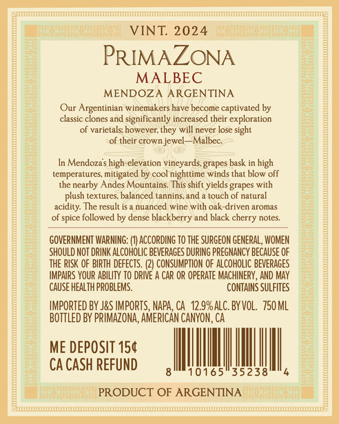 PrimaZona 2024 Malbec Back Label