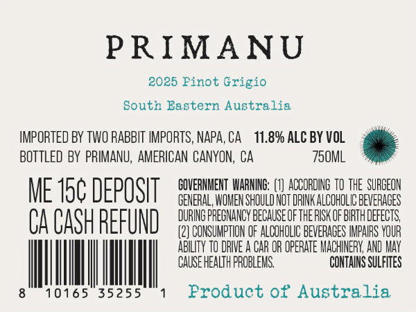 Primanu 2025 Pinot Grigio Back Label