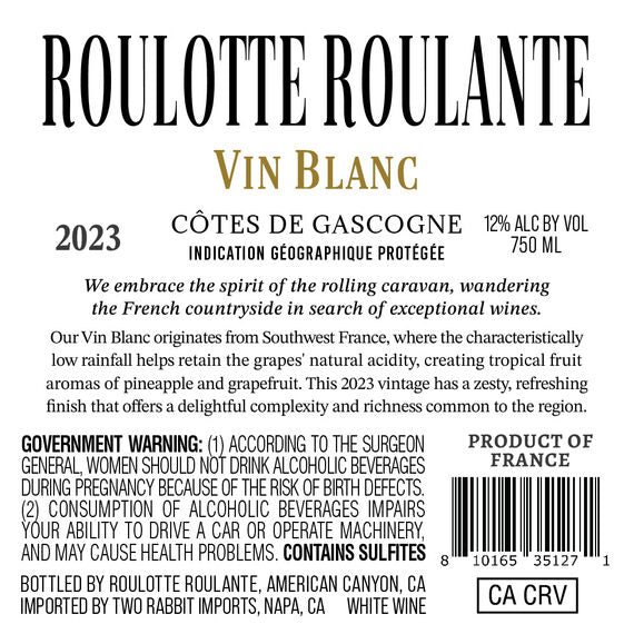 Roulotte Roulante 2023 Vin Blanc Côtes De Gascogne IGP, France