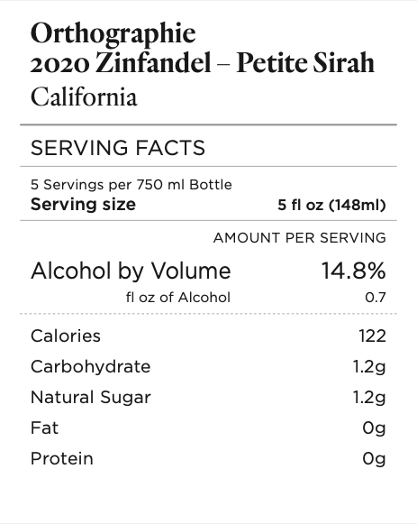 Orthographie 2020 Zinfandel – Petite Sirah California