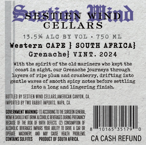 Sestien Wind Cellars 2024 Grenache Western Cape, South Africa