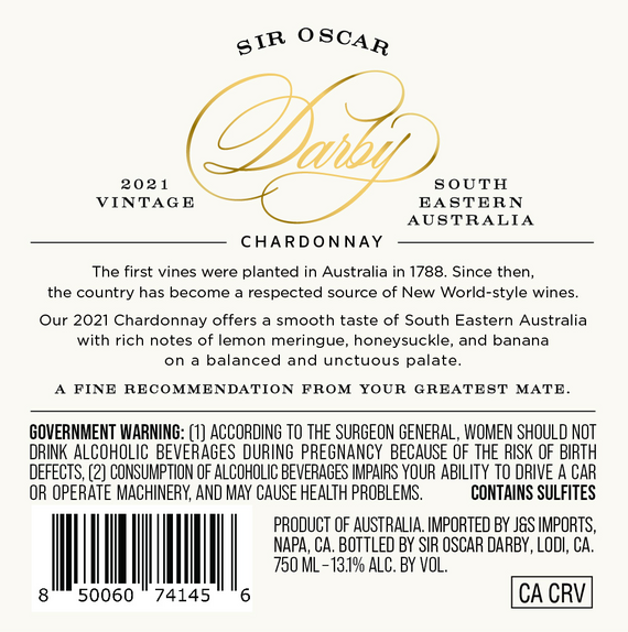 Sir Oscar Darby 2021 Chardonnay South Eastern Australia, Australia