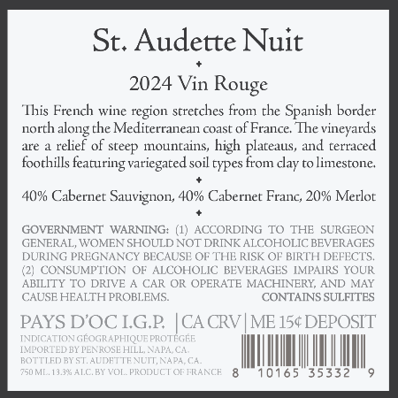 St Audette Nuit Vin Rouge Back Label