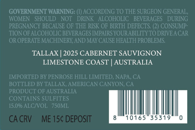 Tallax Cabernet Sauvignon Back Label