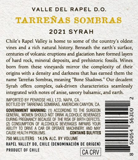 Tarreñas Sombras 2021 Syrah Rapel Valley DO, Chile