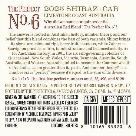 Perfect No. 6 Shiraz+Cab Back Label