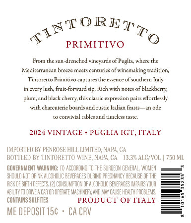 Tintoretto 2024 Primitivo Back Label
