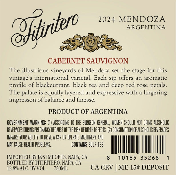 Titiritero 2024 Cabernet Sauvignon Back Label
