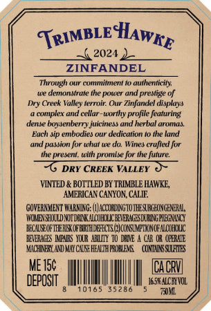 Trimble Hawk 2024 Zinfandel Back Label