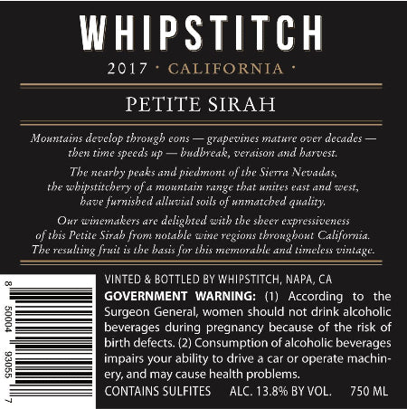 Whipstitch Petite Sirah Back Label