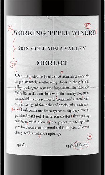 Working Title Winery 2018 Merlot Columbia Valley, Washington