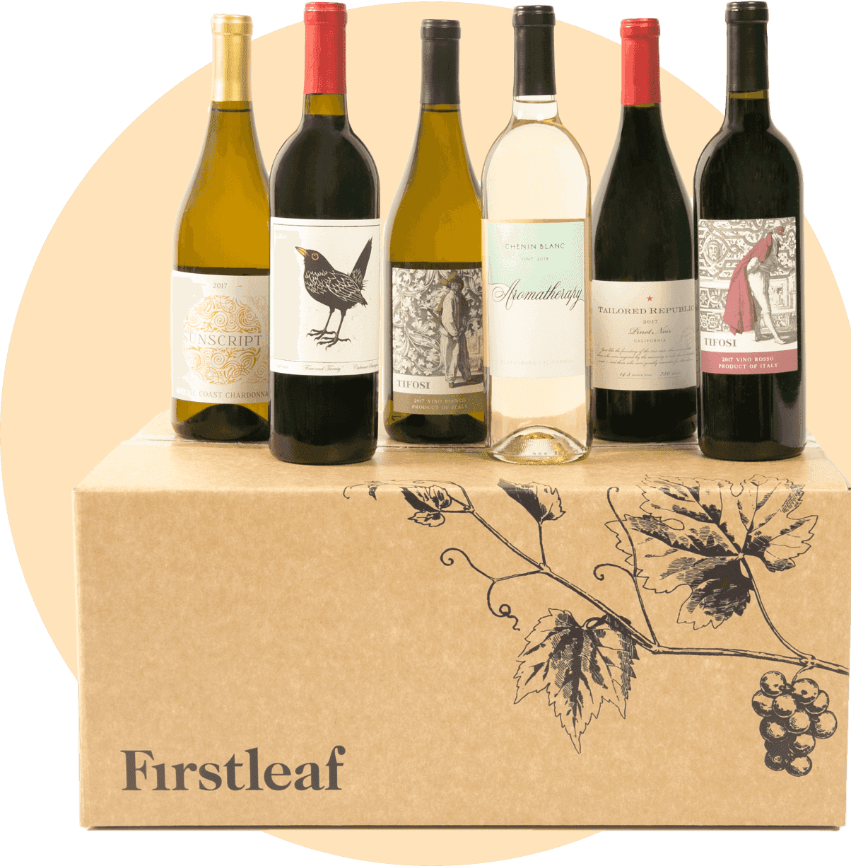 an assortment of wine bottles standing on a Firstleaf box