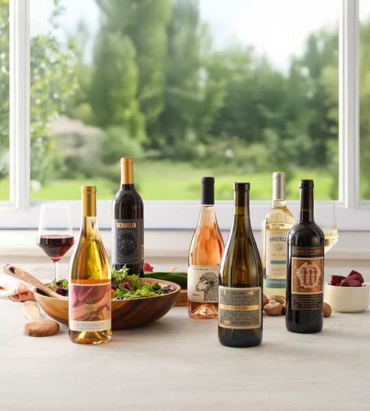 Image of red, white, rosé, and orange wine bottles on a windowsill next to a summer salad and various vegetables